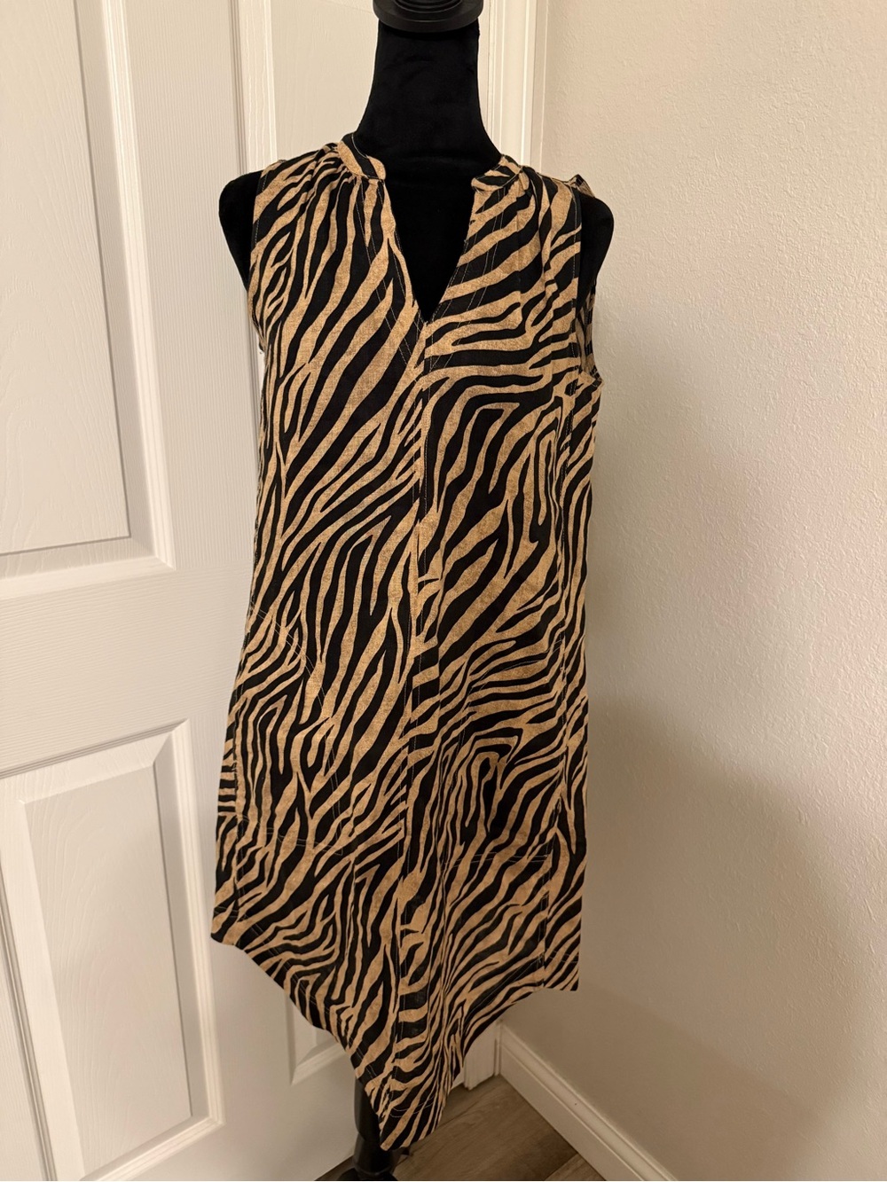 Sleeveless Zebra Print Shift Dress in Tan and Black -100% Linen